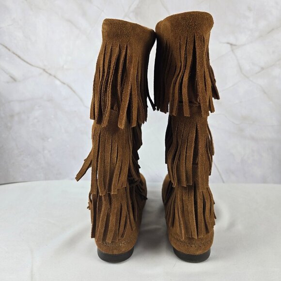 Minnetonka Size 7 3-Layer Fringe Boot Brown Suede Leather Pull On Style NWOT - Picture 2 of 14